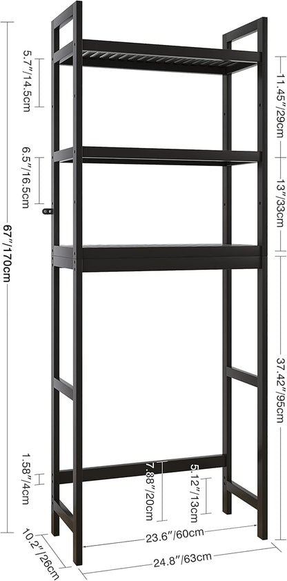 SMIBUY Bathroom Storage Shelf, Bamboo Over-The-Toilet Organizer Rack, Freestanding Toilet Space Saver with 3-Tier Adjustable Shelves (Black)
