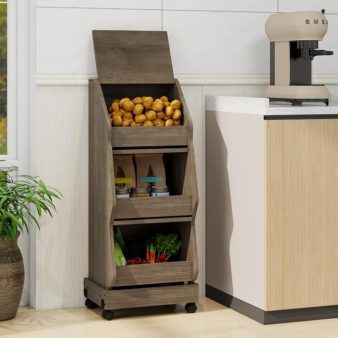 ARTETHYS Potato and Onion Storage Bin with Wheels Gray Set of 2 Movable Bread Box with Lid Onion Organizer with Grocery Section Decorative Vegetable Organization Cabinet for Kitchen