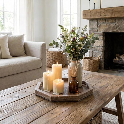 Rustic Candle Holder Plate Boho Wooden Decorative Trays for Coffee Table Farmhouse Kitchen Counter Home Decor Living Room Small Wood Serving Tray for Dining Table Centerpiece Bathroom Vanity Trays