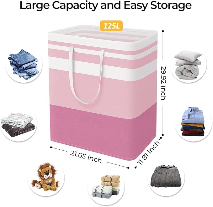 HomeHacks 2 Pack Large Laundry Baskets, Waterproof, Freestanding Laundry Hampers, Collapsible Clothes Hamper with Reinforced Handles in Laundry, College Dorm, Bathroom, Bedroom (Pink, 125Lx2)