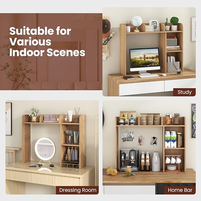 Desk Hutch, Desktop Shelf with 5 Shelves, Desk Bookshelf w/Anti-Toppling Devices, Wood Table Top Bookshelf Organizer, Small Desk Shelf for Study, Office, Dorm (Natural, 5 Shelves)
