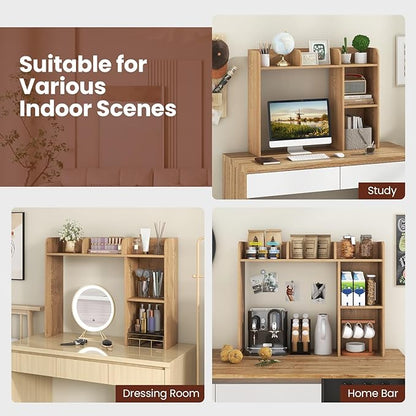 Desk Hutch, Desktop Shelf with 5 Shelves, Desk Bookshelf w/Anti-Toppling Devices, Wood Table Top Bookshelf Organizer, Small Desk Shelf for Study, Office, Dorm (Natural, 5 Shelves)