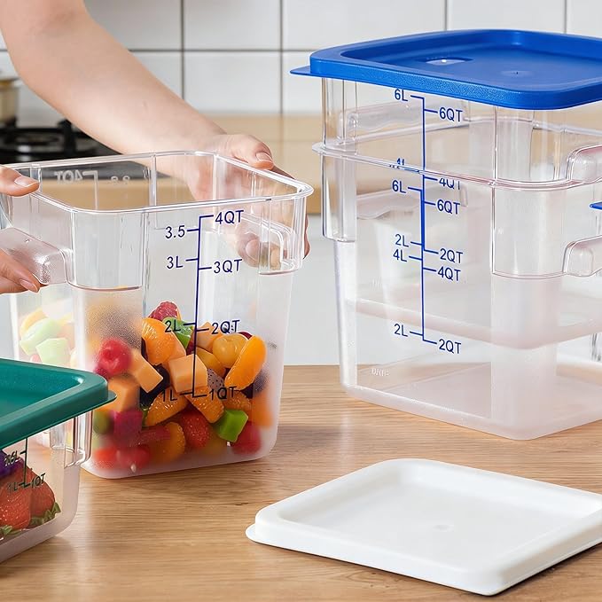 Lallisa 4 Pcs 8 Qt and 4 Qt Clear Food Storage Containers with Lids, Handles and Scales, Commercial Grade Square Containers Polycarbonate Air Tight for Home Storage Kitchen Restaurant (White, Blue)