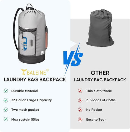 BALEINE 2PK 150L Laundry Bag Backpack, 900D Oxford Fabric Large Travel Laundry Bags with Shoulder Straps and 2 Mesh Pockets for College Dorm, Apartment, Laundromat (Gray, 150L)