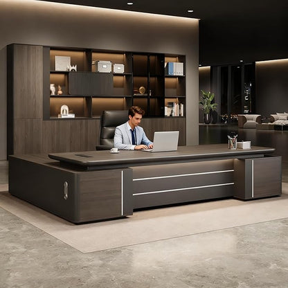 L-Shaped Executive Desk – Modern Executive Desk with Drawers, and Storage, Sturdy Wood & Metal Construction, Aluminum Inlaid Surface for Home & Office Workstation (B-Right, L 200cm/78.7in)
