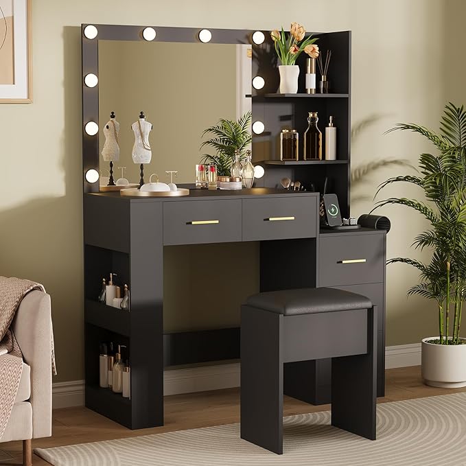 【10-Bulb Mirror | Built-in Outlets】 41'' Large Vanity Desk with Mirror and 3 Color Lighting Modes - Makeup Desk with Stool and 5 Drawers for Bedroom
