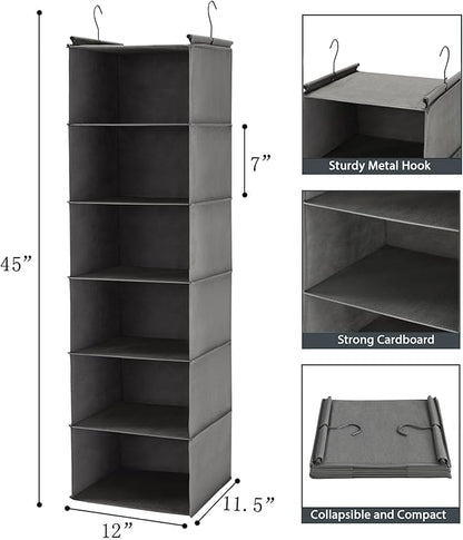 MAX Houser 6 Tier Shelf Hanging Closet Organizer, Closet Hanging Shelf with 2 Sturdy Hooks for Storage, Foldable (Grey)