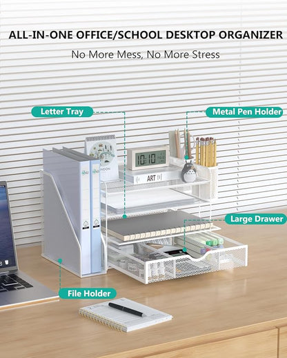 WALI Desk File Organizer, 4 Tier Desktop Paper Letter Tray Organizer with Drawer and 2 Pen Holders, Office Desk Accessories & Workspace Organizers for Office, Home Supplies(DO005DH-W), 1 Pack, White