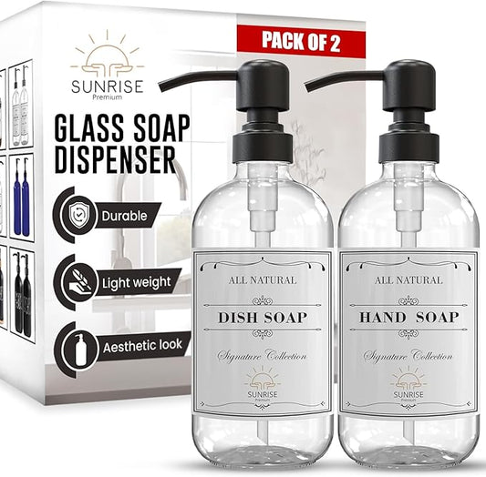 Sunrise Premium 2 Pack Clear Glass Soap Dispenser 16 OZ with Matte Black Stainless Steel Pump, Hand and Dish Soap Dispenser Set for Bathroom and Kitchen Sink with 6 Waterproof Labels