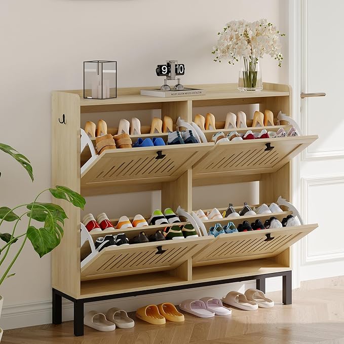 Garvee 4 Flip Drawer Shoe Cabinet with Adjustable Shelves, Hidden Shoe Organizer with Large Capacity, Freestanding Wooden Shoe Rack for Entryway, Hallway, Living Room, Natural