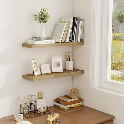 Fun Memories Floating Shelves for Wall, 22.5" Rustic Wood Deep Wall Mounted Shelves with Invisible Brackets for Decor & Storage, Floating Shelf for Living Room, Bathroom (Oak, Set of 2)