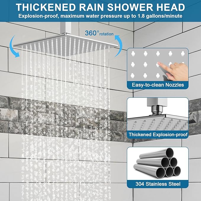 Shower Faucet Set Polished Chrome Shower System, Ceiling Mount 10 Inch Shower Head With Wall Mount 6 Inch Shower Head and 2 in 1 Handheld Spray, Push Button Diverter Shower Valve Trim Kit