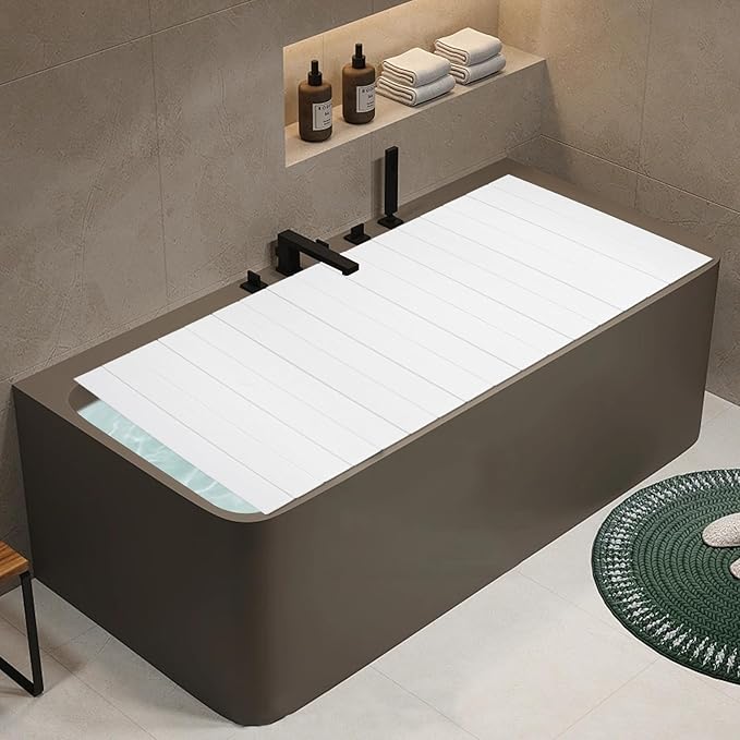 White Wood Grain Foldable Bathtub Cover, PVC Waterproof Dustproof Bath Tub Lid, Heat Preservation Bathroom Tub Tray for Home Hotel Spa (70.87×31.50×0.26)