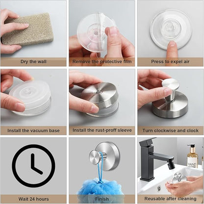 Herda Shower Hooks for Inside Shower, Reusable Stainless Steel Heavy Duty Suction Cup Hooks for Windows, Glass Door, Mirror, Tile, Waterproof Drill-Free Towel Hooks, Holds Up to 15 Lbs - 4 Pack, Black