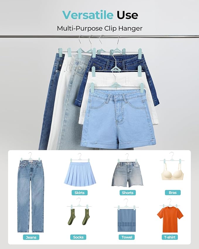 Pant Skirt Hangers with Clips 30 Pack - Space Saving Stackable Shorts Hangers with Clips - Non-Slip, Adjustable for Women, Kids, Men, Children, Blue