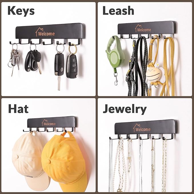 Wooden Key Holder with Metal Hooks,No Drill Adhesive & Screws, Wall Mount Entryway Organizer for Keys, Coats, Hats, Rustic Farmhouse Wall Decor for Hallway, Apartment (2, Black)
