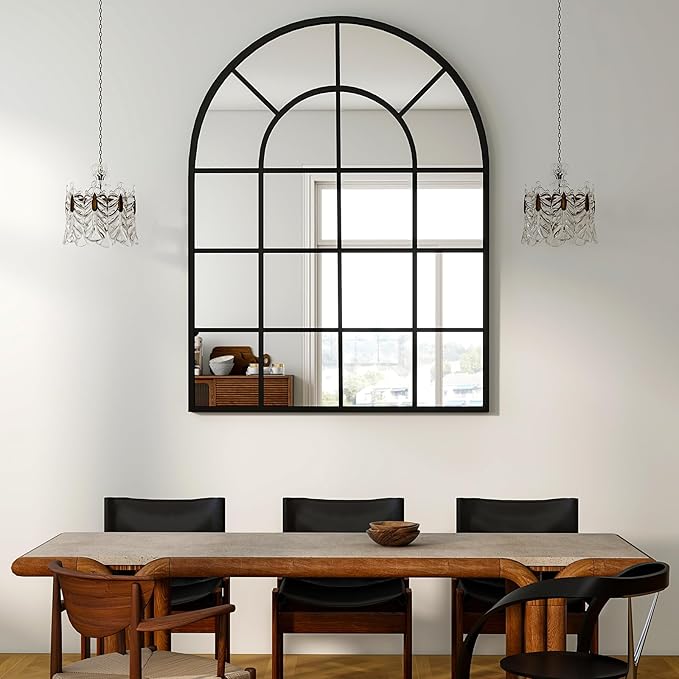 30"×40" Windowpane Arched Wall Mirror, Grid-Designed Decorative Farmehouse Wall Mounted Mirror with Metal Frame Hanging Leaning for Entryway, Living Room, Home Decor, Black