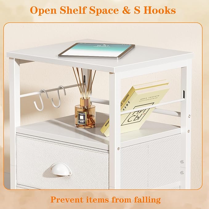 Furologee Nightstands Set of 2, End Table with 2 Fabric Drawers, Night Stand with 2 Hooks, Open Wood Shelf Bedside Table for Bedroom/Living Room/White