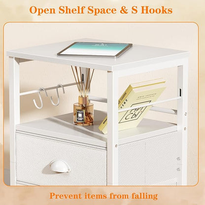 Furologee Nightstands Set of 2, End Table with 2 Fabric Drawers, Night Stand with 2 Hooks, Open Wood Shelf Bedside Table for Bedroom/Living Room/White