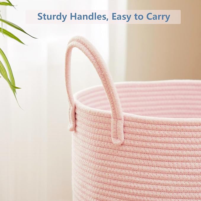 Large Pink Laundry Basket 15x20 Inches, 60L Woven Rope Hamper for Baby Girls and Kids, Tall Nursery Storage Bin, Kawaii Bedroom Laundry Hamper