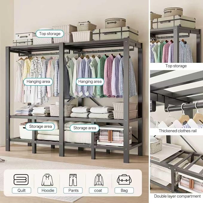 Foldable Portable Wardrobe Closet with Magnetic Doors & Cover, Heavy Duty Covered Clothes Rack with Hanging Clothing Rod, Metal Frame Standing Alone Closet for Bedroom (Door Design A, 70.9IN/180CM)