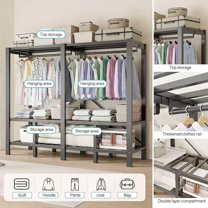 Foldable Portable Wardrobe Closet with Magnetic Doors & Cover, Heavy Duty Covered Clothes Rack with Hanging Clothing Rod, Metal Frame Standing Alone Closet for Bedroom (Door Design D, 49.2IN/125CM)