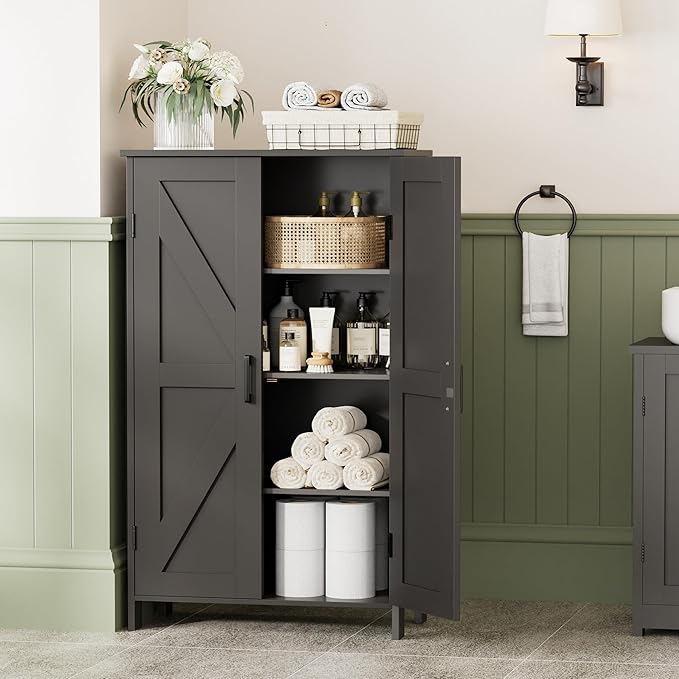 Homleke Farmhouse Bathroom Cabinet with Adjustable Shelves, Free-Standing Storage Cabinet with Barn Doors, for Kitchen, Living Room, Dining Room, Entryway, Black