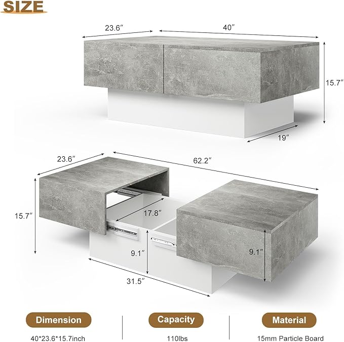 Coffee Table with Large Storage for Living Room Farmhouse Center Table Mesas De Centro para Salas Modernas Nesting Coffee Tables Modern Coffee Table for Reception Room, Grey