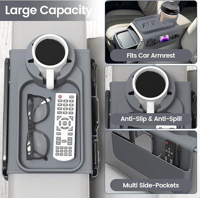 Couch Cup Holder Tray, Silicone Sofa Armrest organizer with Side Pockets for Storage Remotes, Cell-phone,Tablet or Snack, Anti-Spill and Anti-Slip Sofa Arm Tray for Recliner, Armchair Caddy (Gray)