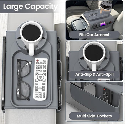 Couch Cup Holder Tray, Silicone Sofa Armrest organizer with Side Pockets for Storage Remotes, Cell-phone,Tablet or Snack, Anti-Spill and Anti-Slip Sofa Arm Tray for Recliner, Armchair Caddy (Gray)