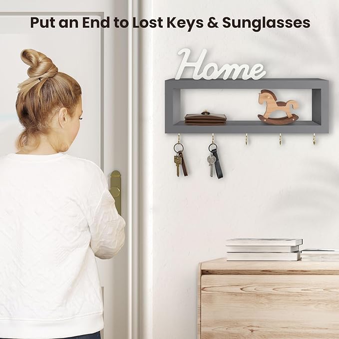 Wall Shelf with Hooks - Decorative Key and Wallet Holder for Wall Holds Sunglasses, Leashes, Scarves and Lanyards - 15.7" x 5.1" x 2.9" Entryway Organizer Made of Paulownia Wood (Gray)