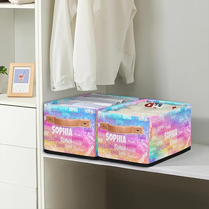 Custom Narrow Storage Basket Name, Personalized Organizer Bin Organizing Toys, Books, Clothes Small Storage Basket for Bedroom Nursery Livingroom Entryway, Watercolor Painted Pink Yellow Blue