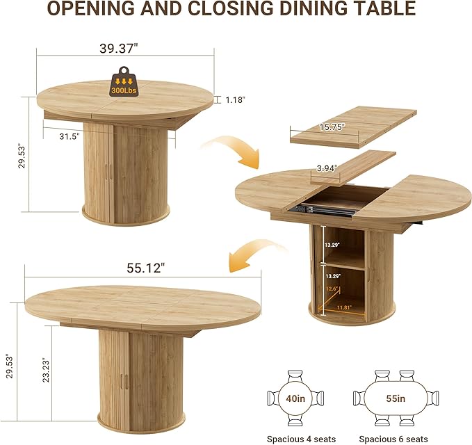 40-55in Extendable Round Dining Table for 4–6, Modern Oval Dining Table, Multi-Use Kitchen Table with Removable Leaves Space Saving, Dinner Table for Dining Room,Apartments or Meeting Rooms
