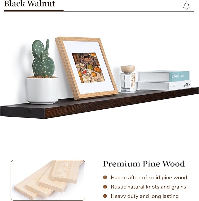 Marsmiles Wood Floating Shelves | 48 Inch Dark Wood Wall Shelves Set of 1 | 48" W x 6.7" D Rustic Wooden Shelves for Bathroom Kitchen Living Room Bedroom
