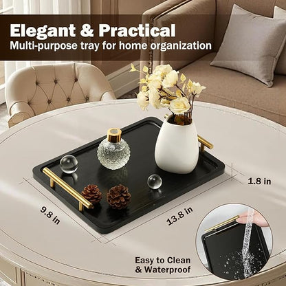PEKER Wooden Serving Tray with Metal Handles, Black Decorative Coffee Table Tray for Breakfast in Bed, Ottoman & Home Décor, Wooden Food Tray for Kitchen, Living Room & Dining Table