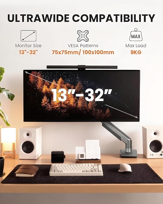 ErGear Single Monitor Arm, Fully Adjustable Monitor Mount for 13–32 Inch Screens, Fast Install Computer Monitor Stand with Tool-Free VESA Mount, Cable Management, Holds 19.8 lbs, Max VESA 100x100mm