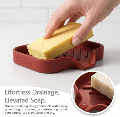 MicoYang Silicone Soap Dish with Drain Spout, Self-Draining Sink Organizer Tray for Bathroom and Kitchen, Sponges, Dispensers and Soap Holder, Non-Slip and Dishwasher Safe, Red (Compact, 4.9"×3.2")