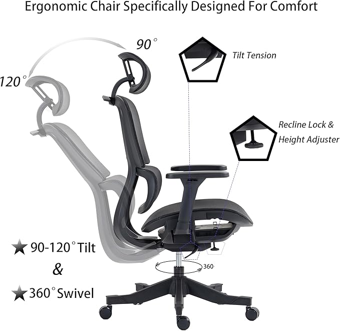 Ergonomic Office Chair with Independent Lumbar Support, Adjustable Height & 360° Swivel for Home Office Workstation (Black)