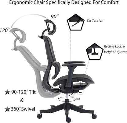 Ergonomic Office Chair with Independent Lumbar Support, Adjustable Height & 360° Swivel for Home Office Workstation (Black)