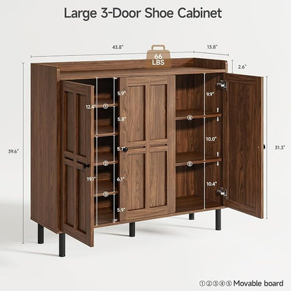 ONBRILL Shoe Cabinet with 3 Doors and Adjustable Shelves, 30 Pairs Shoe Storage Cabinet, 40 Inch Tall Farmhouse Shoe Rack Shoe Organizer Cabinet for Entryway Living Room Closet, Walnut