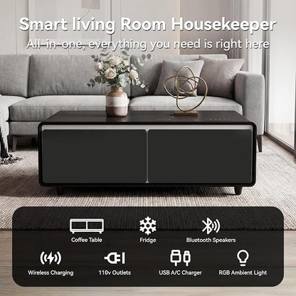 LIVTAB Smart Coffee Table, 27.8" D x 51" W x 18.1" H, Living Room Table with Built in Fridge and Speakers, Smart Table with 15W Wireless Charging, USB Chargers and 110V Outlets (Brown)