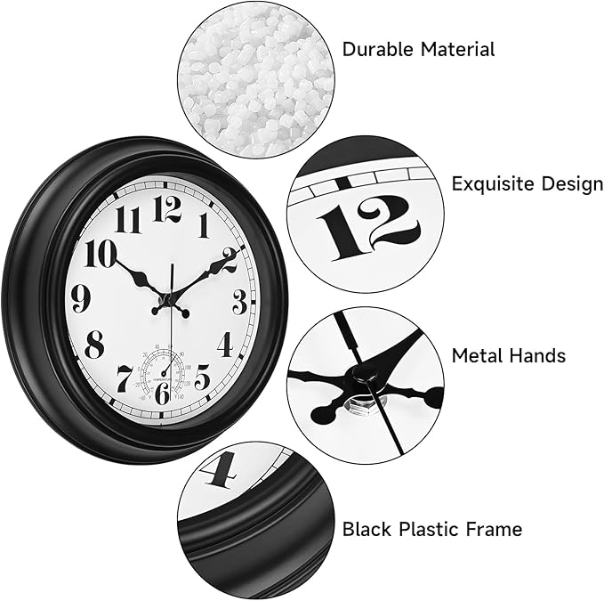 12 Inch Outdoor Clock with Thermometer - Waterproof Outdoor Clocks, Silent Non-Ticking Large Decorative Patio Clock for Garden, Porch, Pool, Backyard, Weather Resistant Wall Clocks(12inch Black)