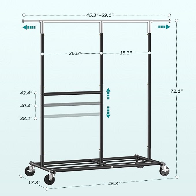 Raybee Clothes Rack Heavy Duty 450LBS, Clothing Racks for Hanging Clothes 200+, Metal Clothing Rack with Wheels, Rolling Commercial Garment Rack Portable, Black
