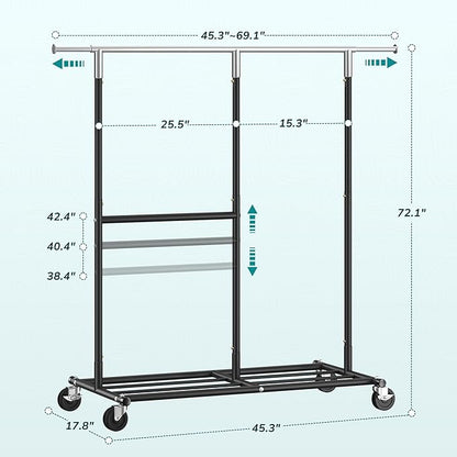 Raybee Clothes Rack Heavy Duty 450LBS, Clothing Racks for Hanging Clothes 200+, Metal Clothing Rack with Wheels, Rolling Commercial Garment Rack Portable, Black