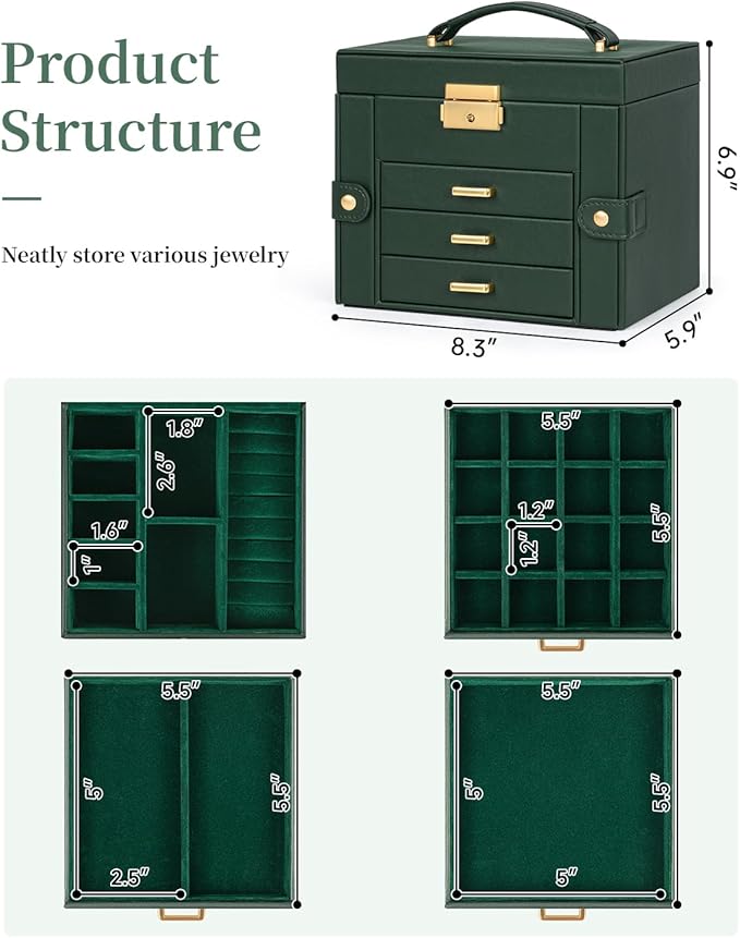 TORIBIO Jewelry Box for Women, Leather Jewelry Organizer with Mirror & Lock, 4-Tier Jewelry Storage Organizer with 3 Drawers for Girls/Women/Mothers, Necklace Earring Bracelets Holder Organizer