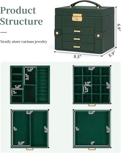 TORIBIO Jewelry Box for Women, Leather Jewelry Organizer with Mirror & Lock, 4-Tier Jewelry Storage Organizer with 3 Drawers for Girls/Women/Mothers, Necklace Earring Bracelets Holder Organizer