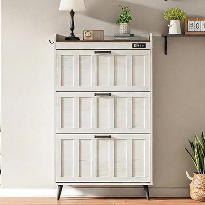 ChooChoo Shoe Storage Cabinet with 3 Flip Drawers, Deodorizing Shoe Organizer Storage for Entryway, Freestanding Hidden Slim Narrow Shoe Rack Cabinet, Antique White & Brown