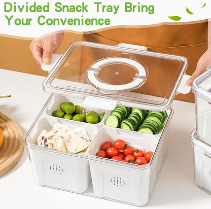 Stackable Refrigerator Organizer Bins with Lids, 4-Compartment Fridge Storage Container with Colanders & Handles, Clear Airtight Food Saver for Fruit, Vegetables & Berries