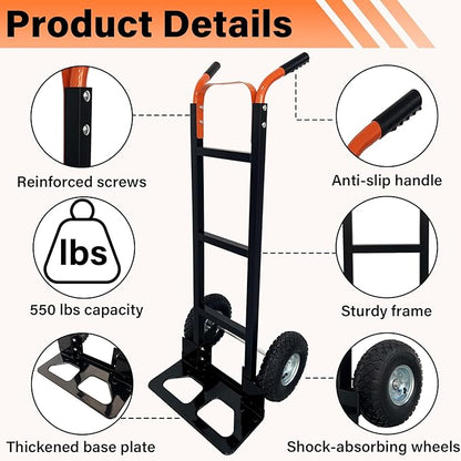 Hand Truck Heavy Duty, 550Lb Capacity Dolly Cart with 10in Rubber Inflatable Wheels, Industrial Trolley with 18in Wide Nose Plate, Moving Dolly for Warehouses, Offices, Homes, Delivery and Workshop
