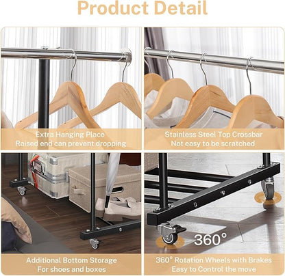 Clothes Rack, Double Clothing Rack with Wheels and Extra Wide Bottom Shelf, 52.36’’ Heavy Duty Garment Racks for Hanging Clothes, Coats, Shirts, Skirts, Dresses, 130LB Capacity, Black